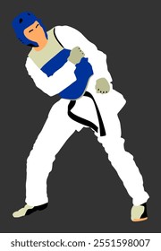 Taekwondo fighter vector  illustration isolated. Sparring training action. Self defense skills exercise. Warriors in the martial arts battle. Sportsman in kimono. Worming up, sport skills.