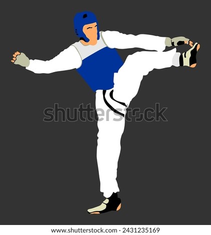 Taekwondo fighter vector  illustration isolated. Sparring training action. Self defense skills exercise. Warriors in the martial arts battle. Sportsman in kimono. Worming up, sport skills.