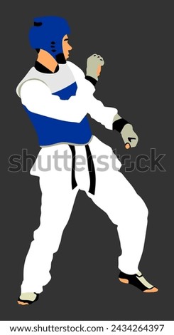 Taekwondo fighter vector  illustration isolated. Sparring training action. Self defense skills exercise. Warriors in the martial arts battle. Sportsman in kimono. Worming up, sport skills.
