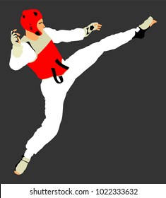 Taekwondo fighter vector  illustration. Sparring on training action. Self defense skills exercising concept. Warriors in the martial arts battle. Sportsman in kimono. Worming up, sport skills.