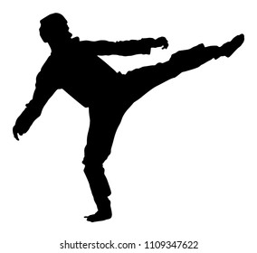 Taekwondo fighter vector silhouette illustration. Sparring on training action. Self defense skills art exercising concept. Warrior in the martial arts battle. 