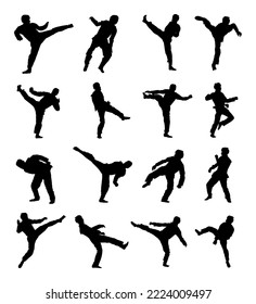 Taekwondo fighter vector silhouette illustration isolated. Sparring on training action. Self defense skills exercise. Warriors in martial arts battle. Sportsman in kimono. Worming up sport skills man.