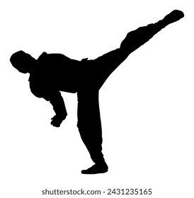 Silueta de vector de combate de taekwondo aislado. Escatimar en acción de entrenamiento. Habilidades de autodefensa ejercitando el concepto. Guerreros en la batalla de artes marciales. Deportista en kimono. Entrenamiento, habilidades deportivas.