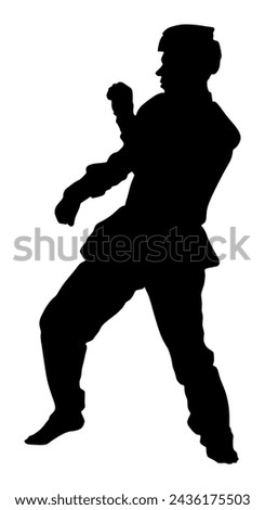 Taekwondo fighter vector silhouette isolated. Sparring on training action. Self defense skills exercising concept. Warriors in the martial arts battle. Sportsman in kimono. Worming up, sport skills.