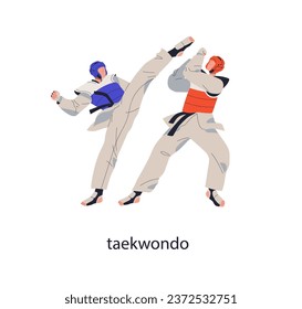 Taekwondo fighters combat. Korean martial art. Asian sport wrestling, fighting battle. Wrestlers kicking, attacking at competition. Flat graphic vector illustration isolated on white background