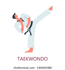 Taekwondo fighting art Korean fight style kick vector man exercising in kimono with black belt fighter training attacking position sport physical activity combat and defense isolated male character.