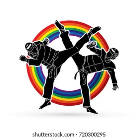 Taekwondo fighting designed on line rainbow background graphic vector.