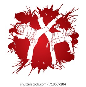Taekwondo fighting designed on splatter blood background graphic vector.