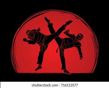 Taekwondo fighting designed on sunlight background graphic vector.