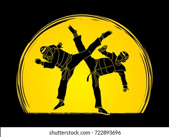 Taekwondo fighting designed on sunset background graphic vector.