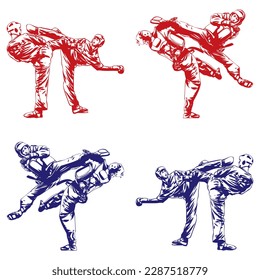 Ilustración del vector de lucha de Taekwondo. Esparrando de Taekwondo. Arte marcial
