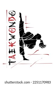 Taekwondo girl black red stencil silhouette drawing.Calligraphy word text lettering calligraphic strokes in the Japanese character style.T shirt print.Sport.Wrestling.Karate.Vinyl wall sticker decal.