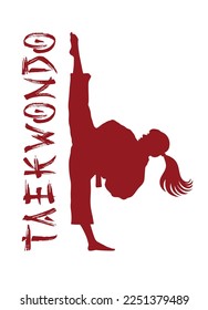 Taekwondo girl red stencil silhouette drawing.Calligraphy word text lettering calligraphic strokes in the Japanese character style.T shirt print.Sport.Wrestling.Karate.Vinyl wall sticker decal.DIY.