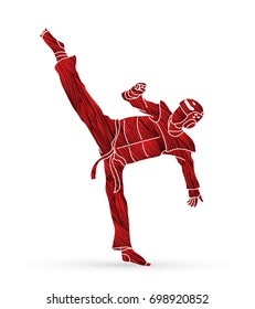 Taekwondo high kick action with guard equipment designed using red grunge brush graphic vector.