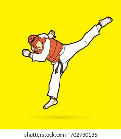 Taekwondo jump kick action with guard equipment graphic vector.