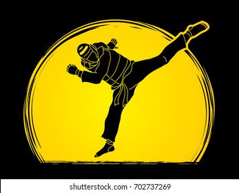 Taekwondo jump kick action with guard equipment designed on moonlight background graphic vector.