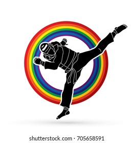 Taekwondo jump kick action with guard equipment designed on rainbows background graphic vector.