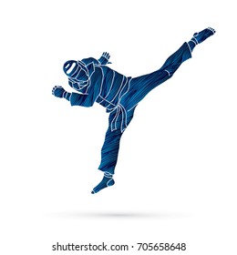 Taekwondo jump kick action with guard equipment designed using grunge brush graphic vector.