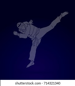 Taekwondo jump kick action with guard equipment designed using dots pixels graphic vector.