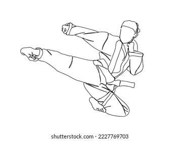 Taekwondo, dibujo de arte de una sola línea de Karate Player, ilustración mínima de vectores en blanco y negro. para Logo, decoración de pared