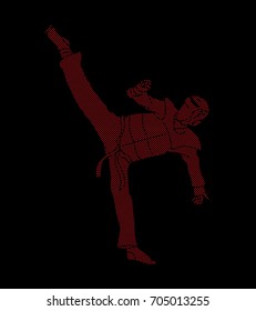Taekwondo kick action with guard equipment designed using dots pixels graphic vector.