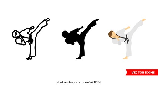 Taekwondo kick icon of 3 types: color, black and white, outline. Isolated vector sign symbol.