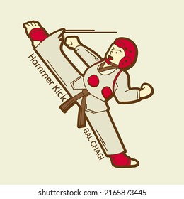 Taekwondo Kids Cartoon Character in Hammer Kick Pose. Suitable to use for taekwondo community merchandise like t-shirt, mug, etc. 
