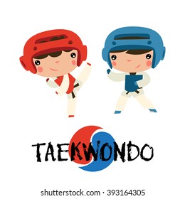 taekwondo kids fighting. Eastern martial arts characters in uniform.