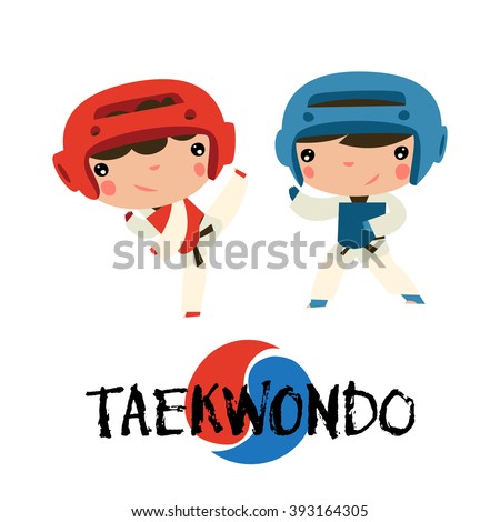 taekwondo kids fighting. Eastern martial arts characters in uniform.