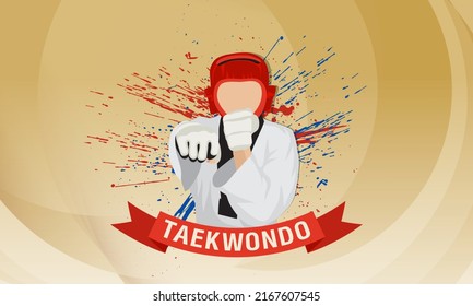 Un atleta de artes marciales de taekwondo golpea con su mano derecha. Silhouette en kimono, guantes protectores y casco. Fondo abstracto dorado.