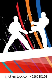 Taekwondo martial arts fighters combat fighting and kicking sport silhouettes abstract illustration background vector