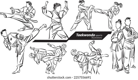 Taekwondo martial arts sports profession work doodle design drawing vector illustration