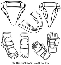 Taekwondo Match Equipment outline Illustration Set	