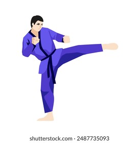 Taekwondo - Imagen aislada de estilo moderno de diseño plano. Ilustración detallada y ordenada del arte marcial coreano. Uso activo de las piernas en combate contra golpes para protección. El luchador está vestido con un Keikogi