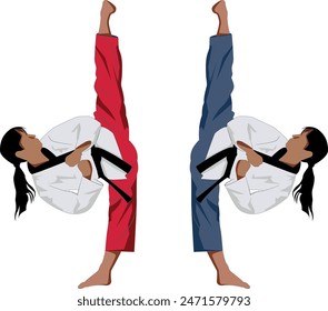 Taekwondo players wearing poomsae uniform doung high kick