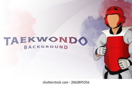 Taekwondo-Poster. Abstrakter Hintergrund. Ein junger Kämpfer in einem Schutzanzug, Helm und Handschuhe. Taekwondo VTF