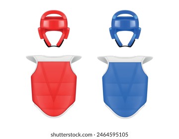 Traje protector de taekwondo rojo y azul casco y escudo de pecho conjunto de Ilustración vectorial realista. Ropa deportiva de entrenamiento deportivo marcial para la protección del atleta uniforme deportivo ropa de combate