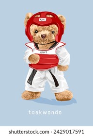 eslogan de taekwondo con la ilustración vectorial del atleta del deporte de la muñeca del oso creado por dibujado a mano