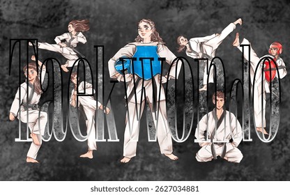 Taekwondo sport with signature movement pose. Martial arts graphic concept with simple Taekwondo lettering. Hand Drawn Flat Cartoon Vector Illustration. Taekwondo Writing