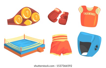 Taekwondo Sports Equipment Set, Head, Chest, Groin, Elbow Guard Protectors, Kimono and Sparring Grappling Gloves Vector Illustration