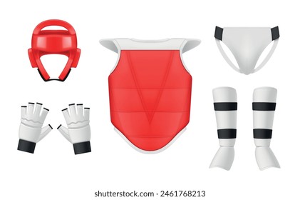 Taekwondo training outfit protective sport equipment set realistic vector illustration. Martial fighting practice red white uniform helmet gloves jacket legs and groin guard shield combat activewear