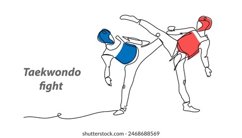 Taekwondo vector background, banner, poster. One continuous line art drawing illustration of taekwondo sport