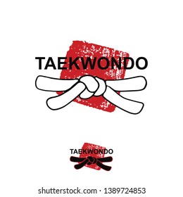 Taekwondo - vector stylized font with black belt  knot of japanese budo martial arts on white background with red ink stamp - hanko. Hand drawn asian sport calligraphy logo, icon, sign