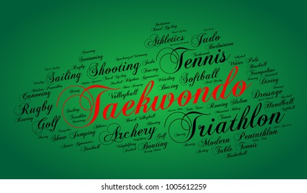 Taekwondo. Word Cloud , Elegant Cursive Font, Green Gradient Background. Summer Sports.