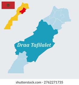 Drâa Tafilalet Morocco Map and Flag - Errachidia Capital, Draa River and Largest Oasis Vector Outline-