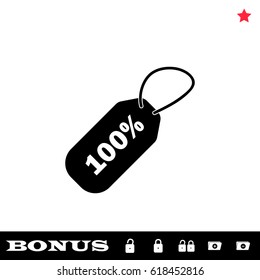 Tag 100% icon flat. Black pictogram on white background. Vector illustration symbol and bonus button open and closed lock, folder, star