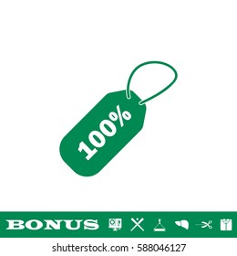 Tag 100% icon flat. Green pictogram on white background. Vector illustration symbol and bonus button