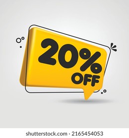 Tag with 20% 
twenty OFF discount in the form of yellow speech with black outline, price tags, stickers, emblems. Vector illustration.