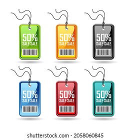 Tag 50 percent sale. Set of glossy colored tags. Vector illustration.  Luxury design collection for Promotion and Discounts.