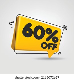 Tag with 60% OFF discount in the form of yellow speech with black outline, price tags, stickers, emblems. Vector illustration.
